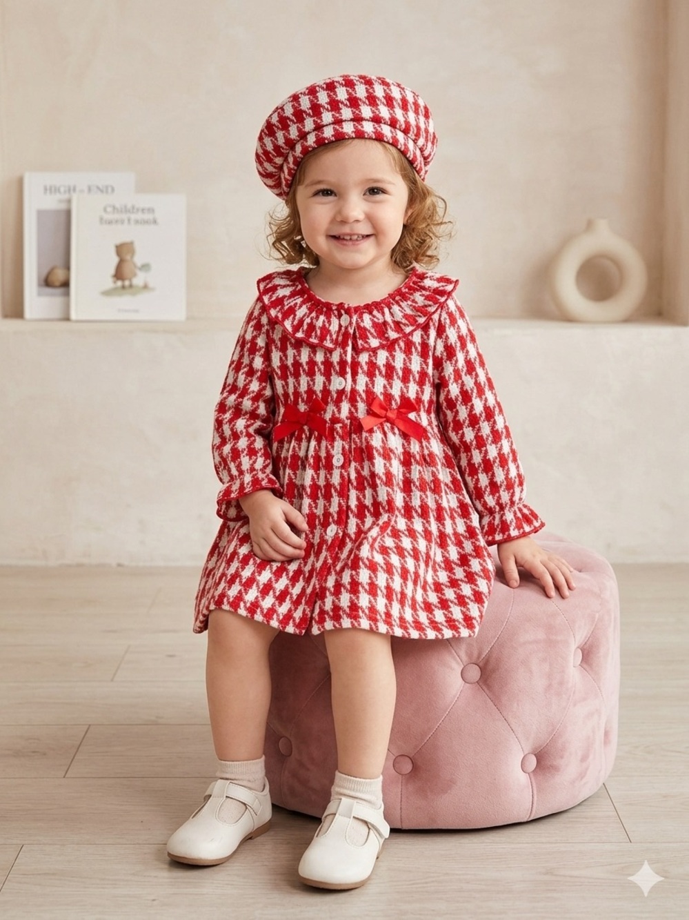 Boutique Toddler Girl Red Houndstooth Dress & Beret Hat Set - Size 2-3Y (EUC)